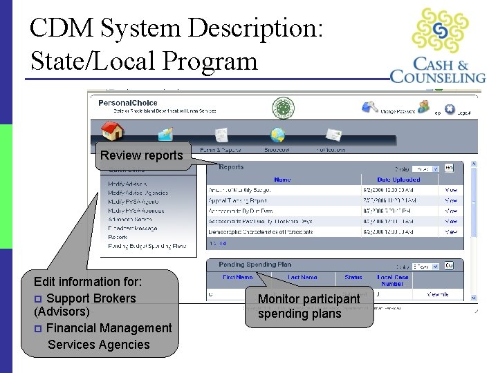 CDM System Description: State/Local Program Review reports Edit information for: p Support Brokers (Advisors)