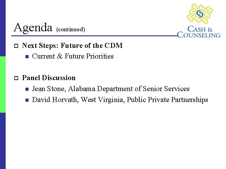 Agenda (continued) p Next Steps: Future of the CDM n Current & Future Priorities