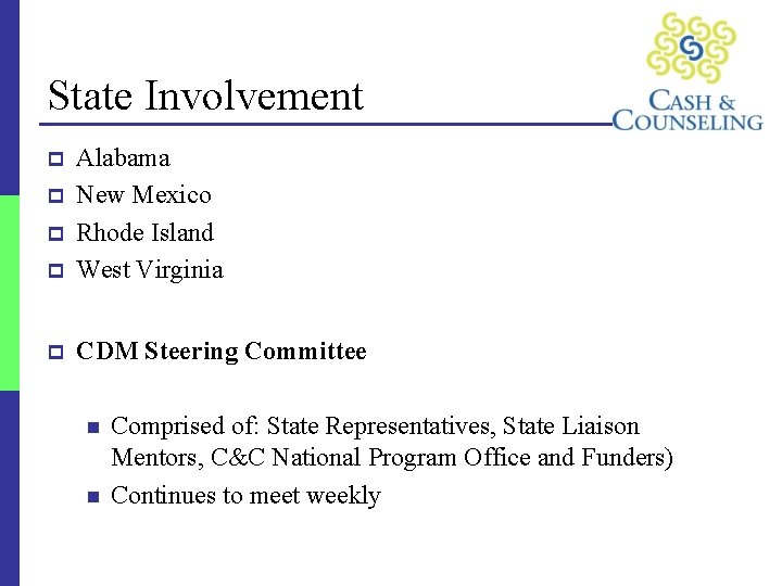 State Involvement p Alabama New Mexico Rhode Island West Virginia p CDM Steering Committee
