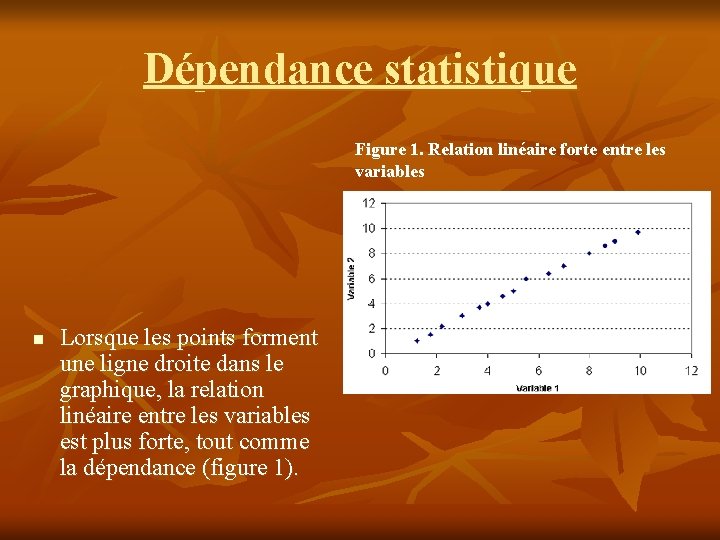 Dépendance statistique Figure 1. Relation linéaire forte entre les variables n Lorsque les points