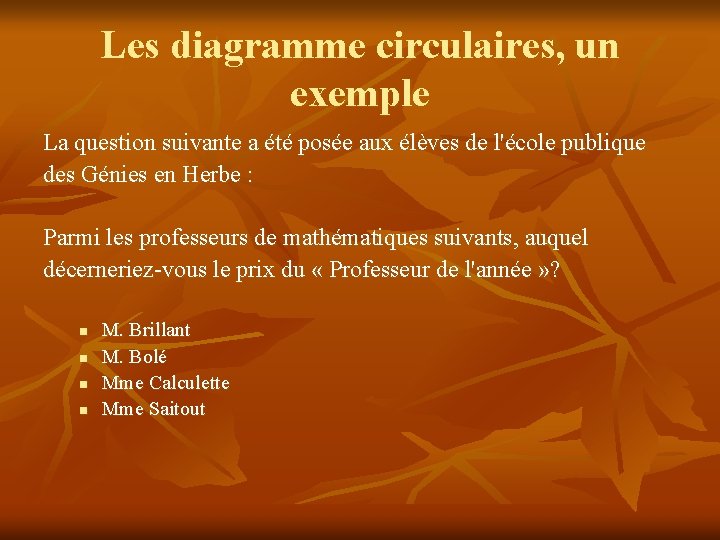 Les diagramme circulaires, un exemple La question suivante a été posée aux élèves de