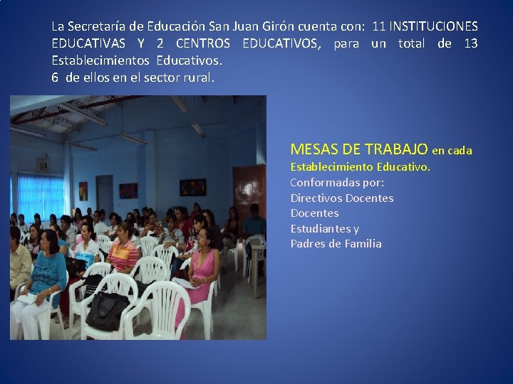 La Secretaría de Educación San Juan Girón cuenta con: 11 INSTITUCIONES EDUCATIVAS Y 2