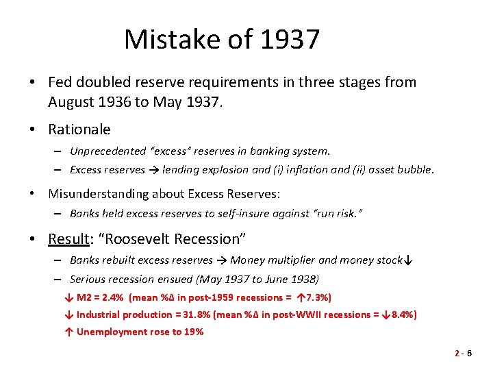 Mistake of 1937 • Fed doubled reserve requirements in three stages from August 1936