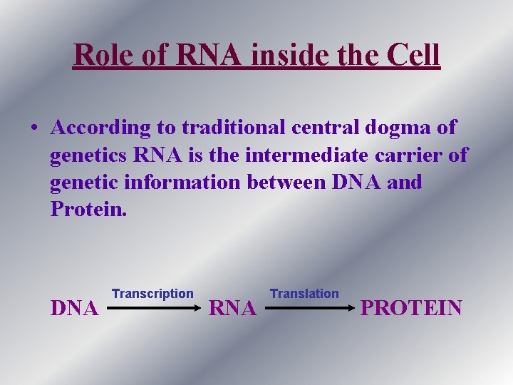 Role of RNA inside the Cell • According to traditional central dogma of genetics