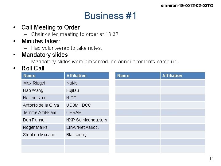omniran-19 -0013 -03 -00 TG Business #1 • Call Meeting to Order – Chair