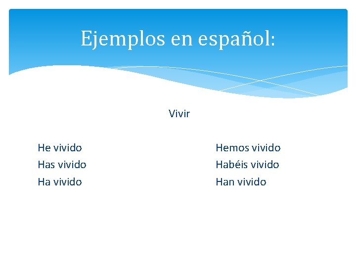 Ejemplos en español: Vivir He vivido Has vivido Ha vivido Hemos vivido Habéis vivido
