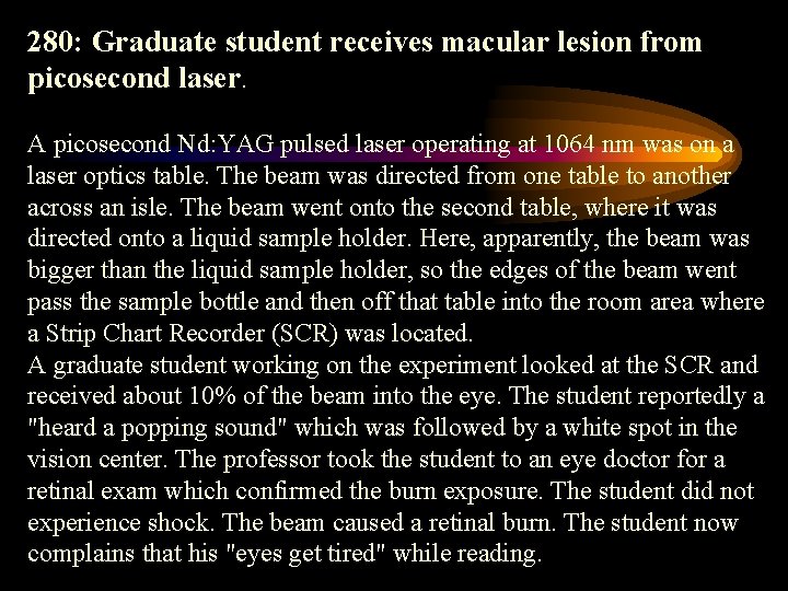 280: Graduate student receives macular lesion from picosecond laser. A picosecond Nd: YAG pulsed