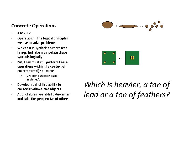 Concrete Operations • • Age 7 -12 Operations = the logical principles we use