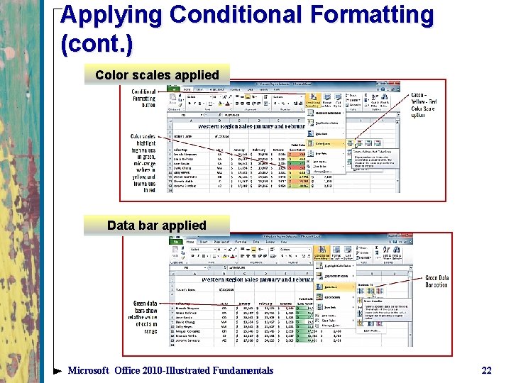 Applying Conditional Formatting (cont. ) Color scales applied Data bar applied Microsoft Office 2010