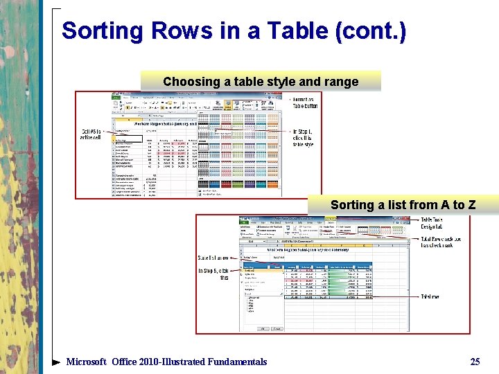 Sorting Rows in a Table (cont. ) Choosing a table style and range Sorting