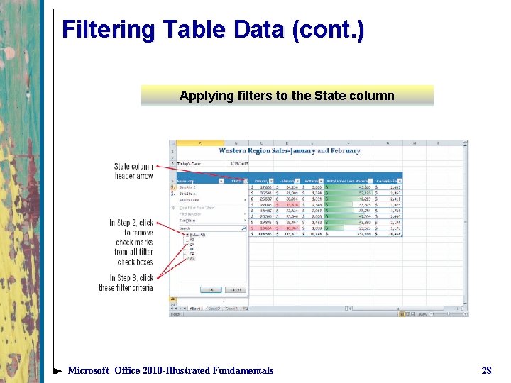 Filtering Table Data (cont. ) Applying filters to the State column Microsoft Office 2010