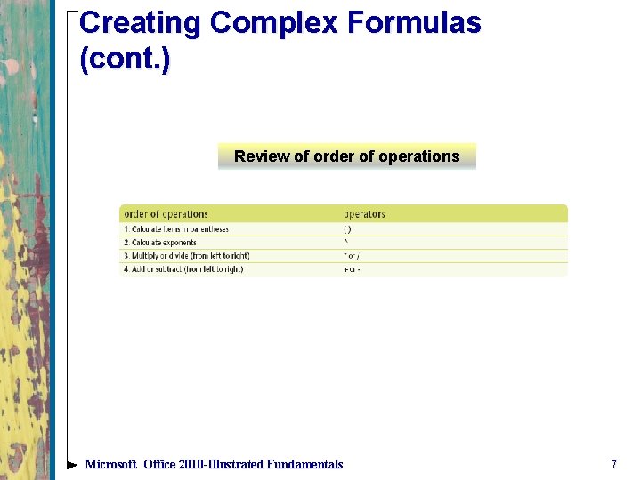 Creating Complex Formulas (cont. ) Review of order of operations Microsoft Office 2010 -Illustrated