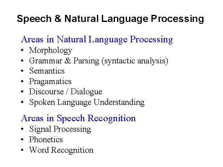 Speech & Natural Language Processing Areas in Natural Language Processing • • • Morphology