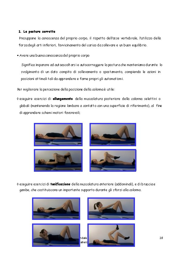 1. La postura corretta Presuppone la conoscenza del proprio corpo, il rispetto dell’asse vertebrale,