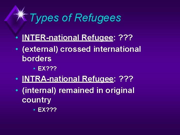 Types of Refugees • INTER-national Refugee: ? ? ? • (external) crossed international borders