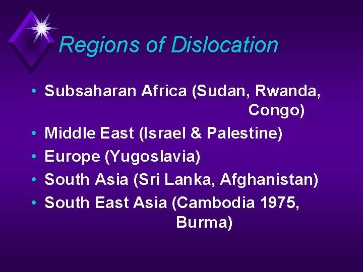 Regions of Dislocation • Subsaharan Africa (Sudan, Rwanda, Congo) • Middle East (Israel &