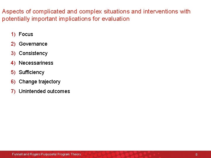 Aspects of complicated and complex situations and interventions with potentially important implications for evaluation