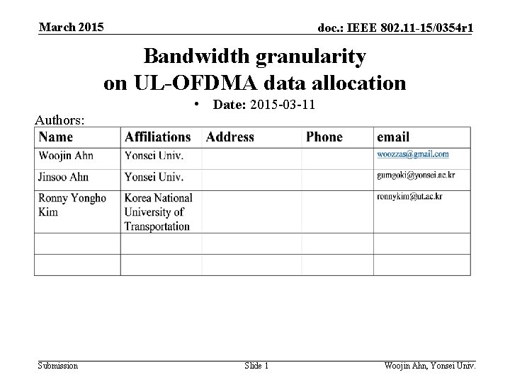 March 2015 doc. : IEEE 802. 11 -15/0354 r 1 Bandwidth granularity on UL-OFDMA