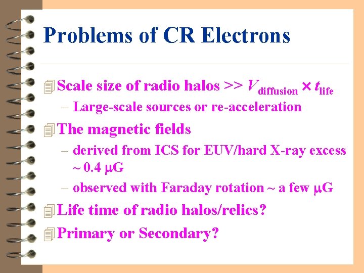 Problems of CR Electrons 4 Scale size of radio halos >> Vdiffusion tlife –