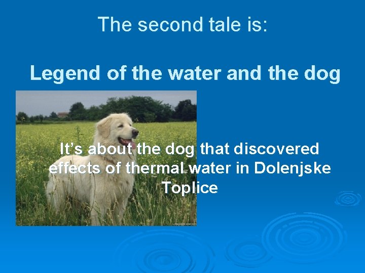The second tale is: Legend of the water and the dog It’s about the