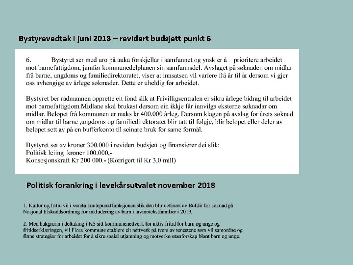 Bystyrevedtak i juni 2018 – revidert budsjett punkt 6 Politisk forankring i levekårsutvalet november