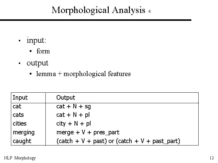 Morphological Analysis 4 • input: • form • output • lemma + morphological features