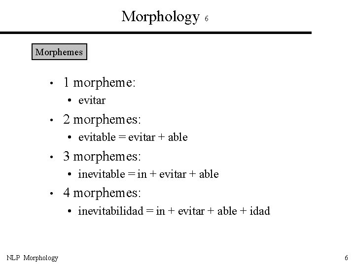 Morphology 6 Morphemes • 1 morpheme: • evitar • 2 morphemes: • evitable =