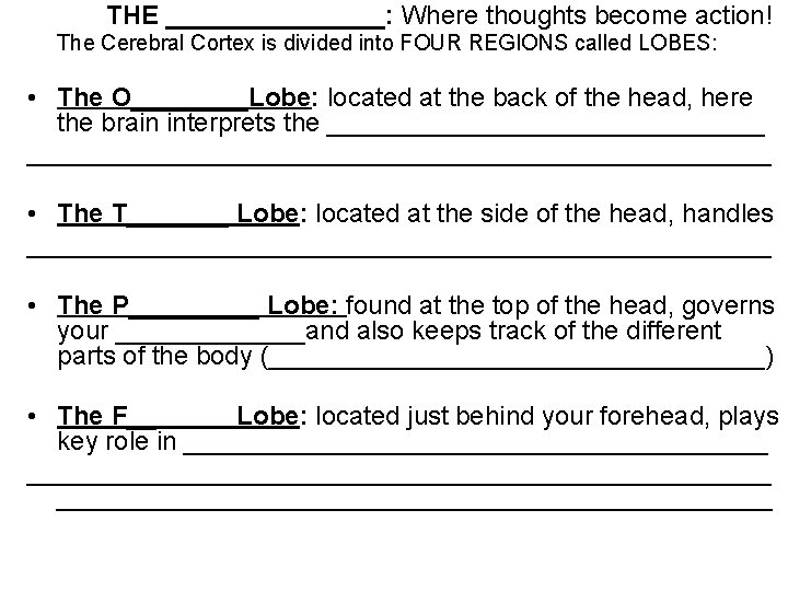 THE ________: Where thoughts become action! The Cerebral Cortex is divided into FOUR REGIONS