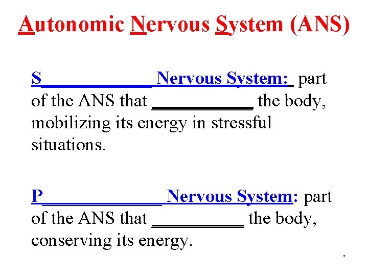 Autonomic Nervous System (ANS) S______ Nervous System: part of the ANS that ______ the