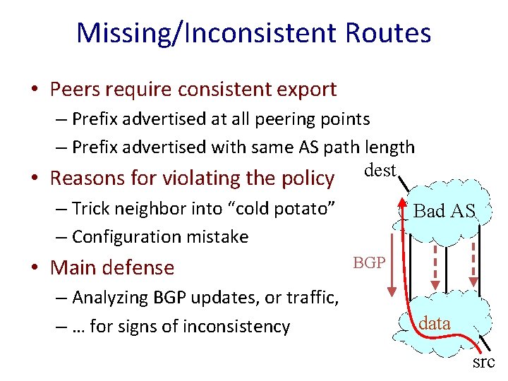 Missing/Inconsistent Routes • Peers require consistent export – Prefix advertised at all peering points