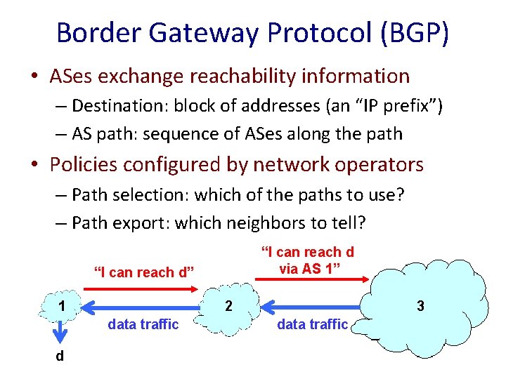 Border Gateway Protocol (BGP) • ASes exchange reachability information – Destination: block of addresses