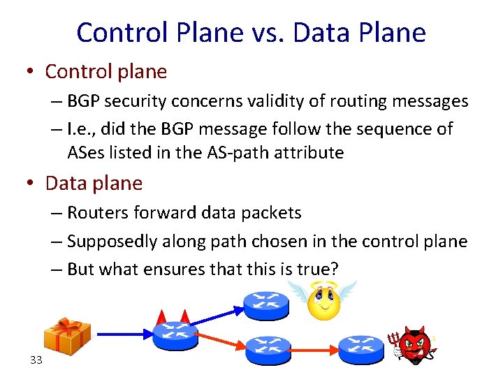 Control Plane vs. Data Plane • Control plane – BGP security concerns validity of