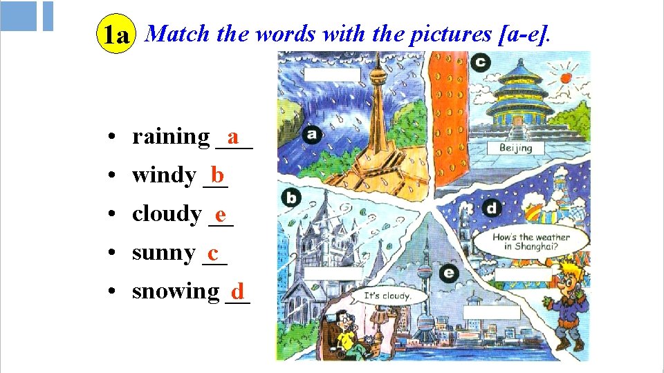 1 a Match the words with the pictures [a-e]. • raining ___ a •