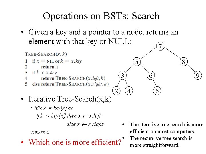 Operations on BSTs: Search • Given a key and a pointer to a node,