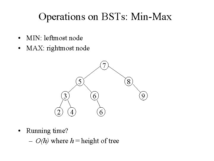 Operations on BSTs: Min-Max • MIN: leftmost node • MAX: rightmost node 7 5