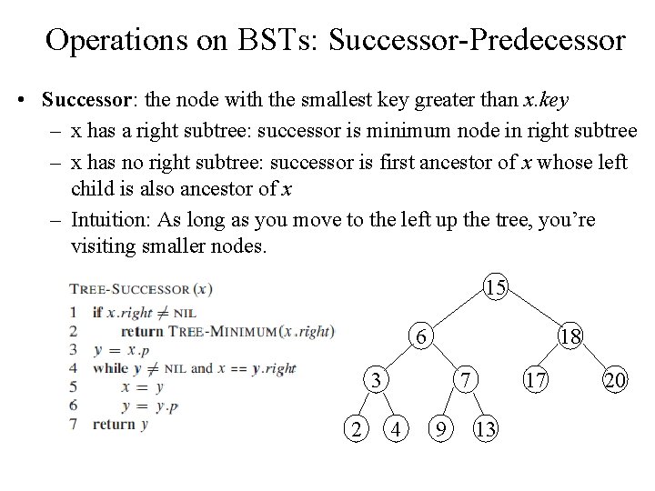 Operations on BSTs: Successor-Predecessor • Successor: the node with the smallest key greater than