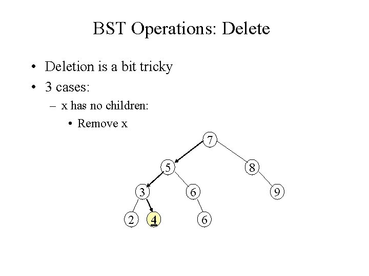 BST Operations: Delete • Deletion is a bit tricky • 3 cases: – x