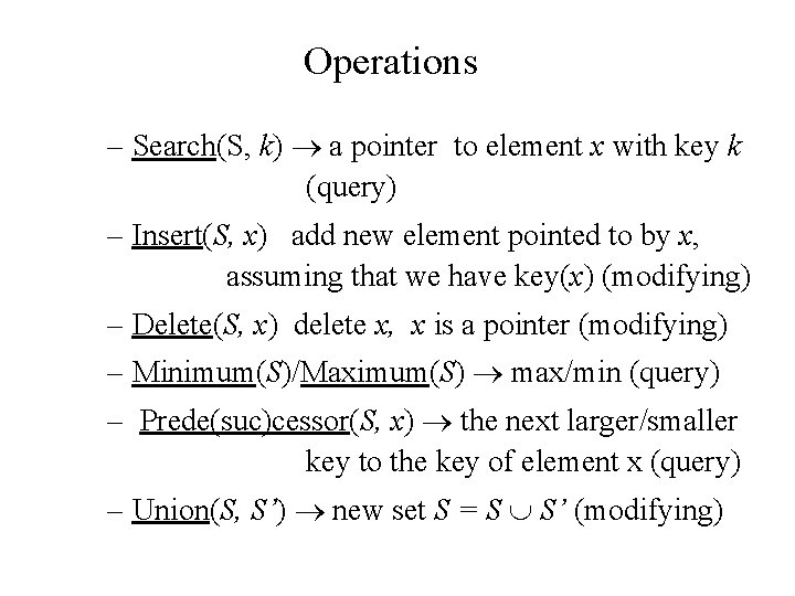 Operations – Search(S, k) a pointer to element x with key k (query) –