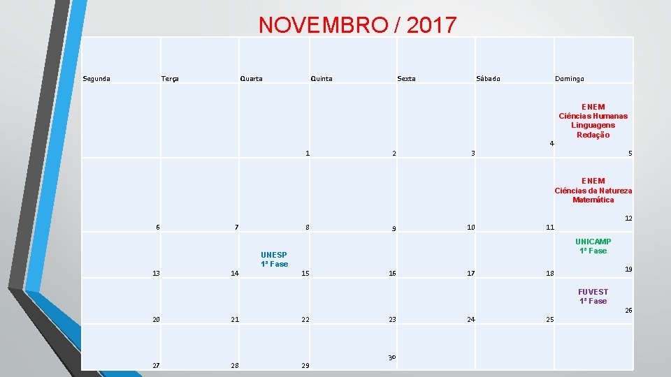NOVEMBRO / 2017 Segunda Terça Quarta Quinta Sexta Sábado Domingo ENEM Ciências Humanas Linguagens