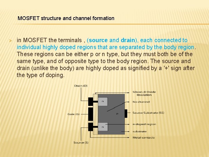 MOSFET structure and channel formation Ø in MOSFET the terminals , (source and drain),