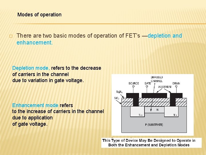 Modes of operation � There are two basic modes of operation of FET’s —depletion