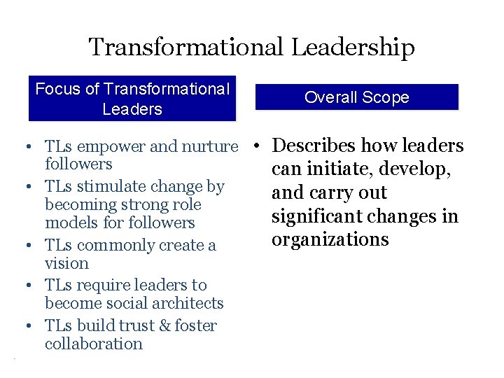 Transformational Leadership Focus of Transformational Leaders Overall Scope • TLs empower and nurture •