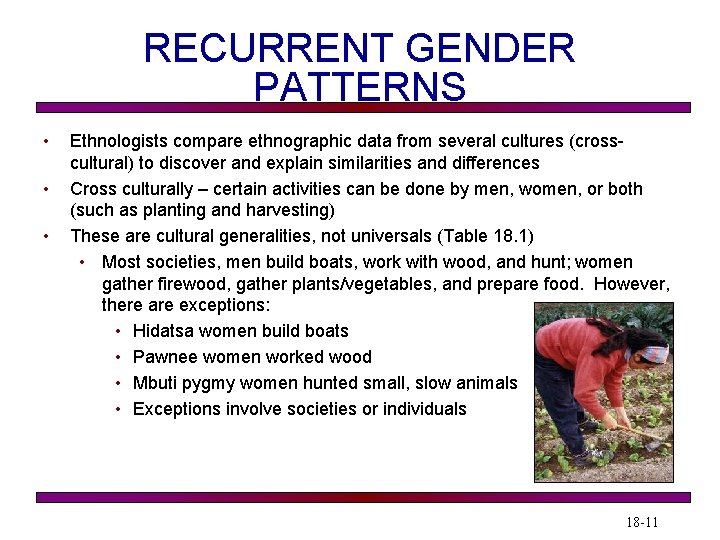 RECURRENT GENDER PATTERNS • • • Ethnologists compare ethnographic data from several cultures (crosscultural)