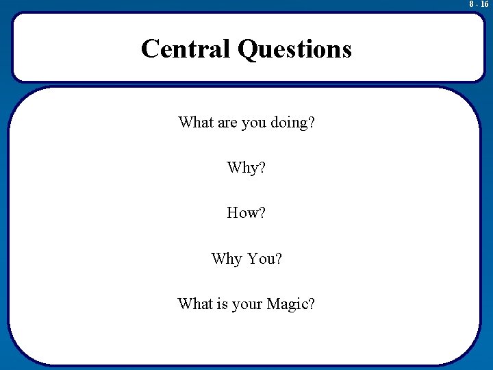 8 - 16 Central Questions What are you doing? Why? How? Why You? What