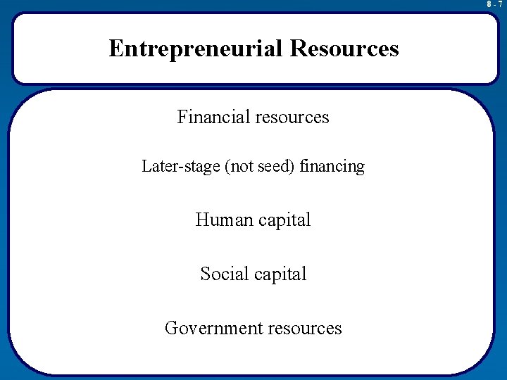8 -7 Entrepreneurial Resources Financial resources Later-stage (not seed) financing Human capital Social capital