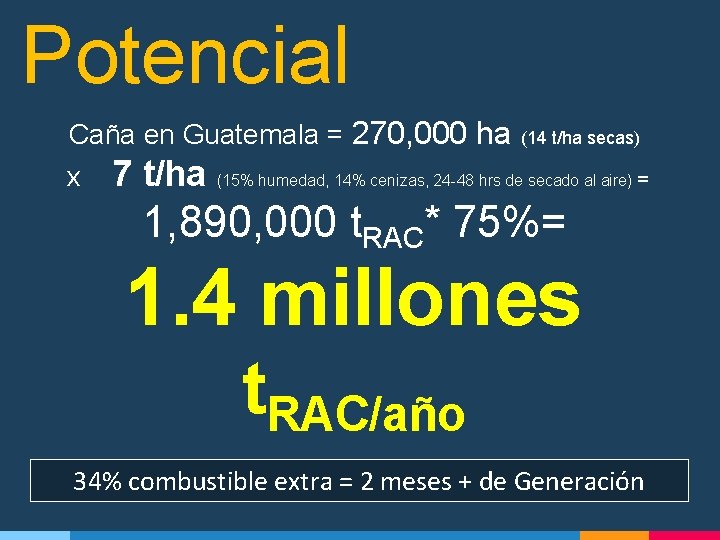 Potencial Caña en Guatemala = 270, 000 ha x (14 t/ha secas) 7 t/ha