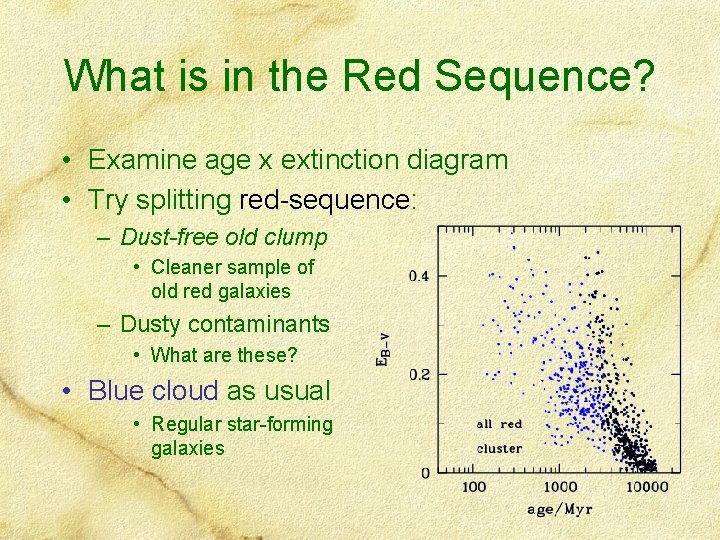 What is in the Red Sequence? • Examine age x extinction diagram • Try
