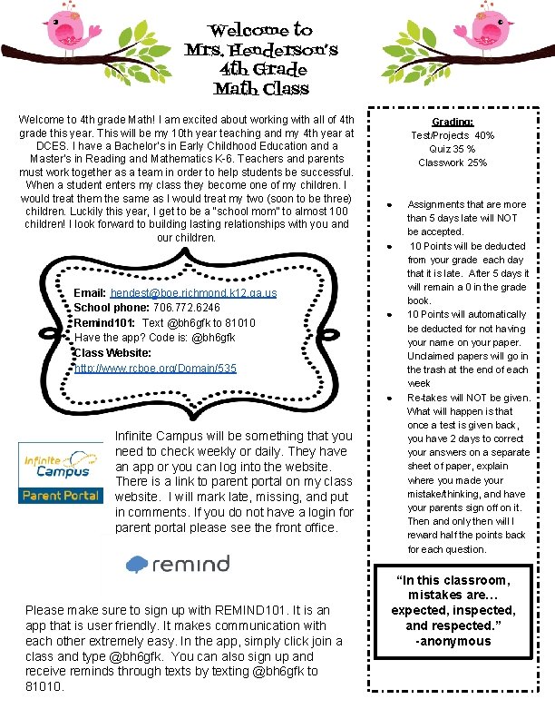 Welcome to Mrs. Henderson’s 4 th Grade Math Class Welcome to 4 th grade