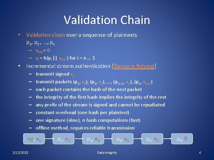 Validation Chain • Validation chain over a sequence of plaintexts p 1, p 2