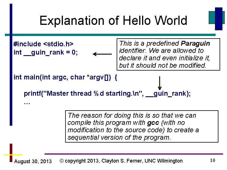 Explanation of Hello World #include <stdio. h> int __guin_rank = 0; This is a